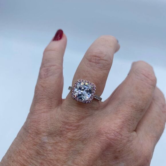 Two Tone Rose Gold Cushion Cut Sterling Silver Ring Size 7 - Picture 8 of 9